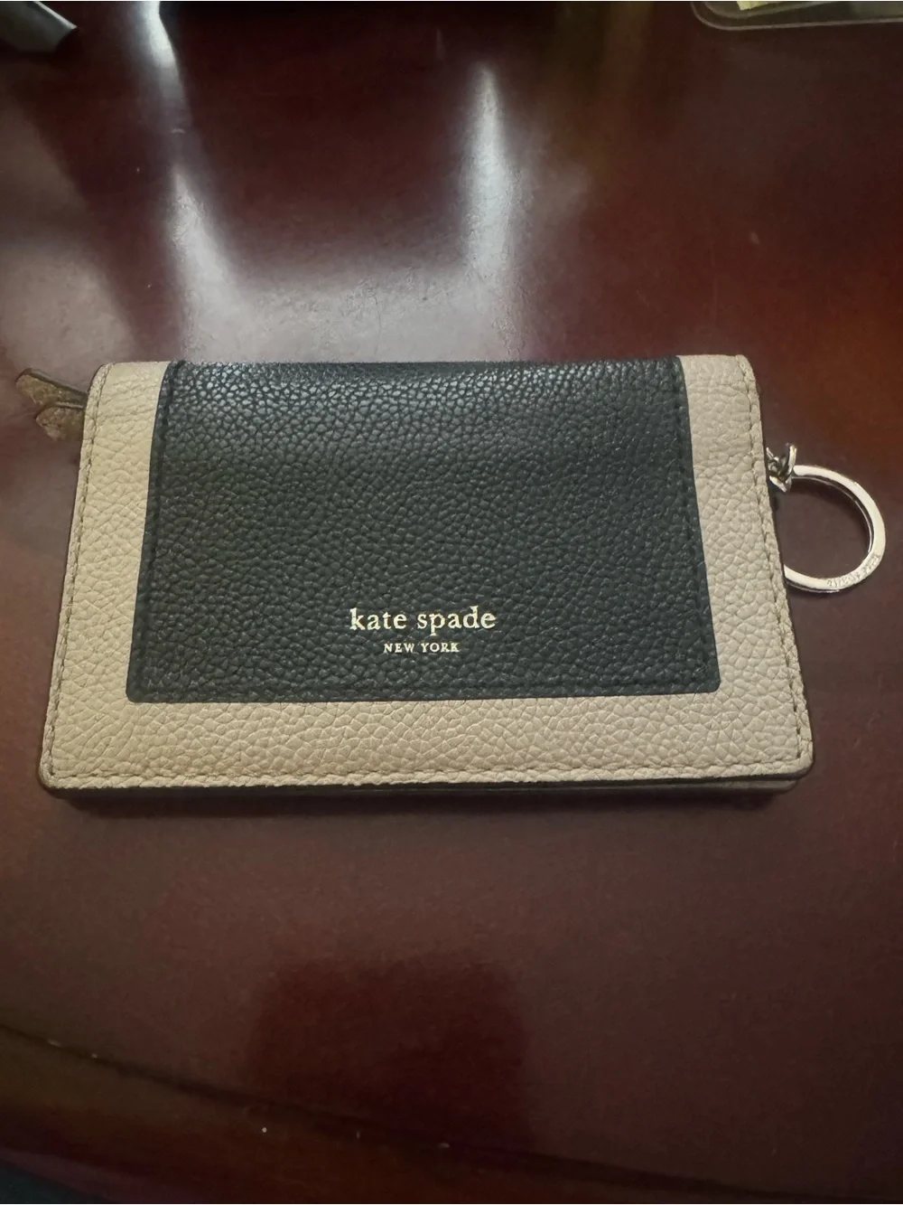 kate spade Two-Tone Pebbled Leather Card Case in Black and Taupe
